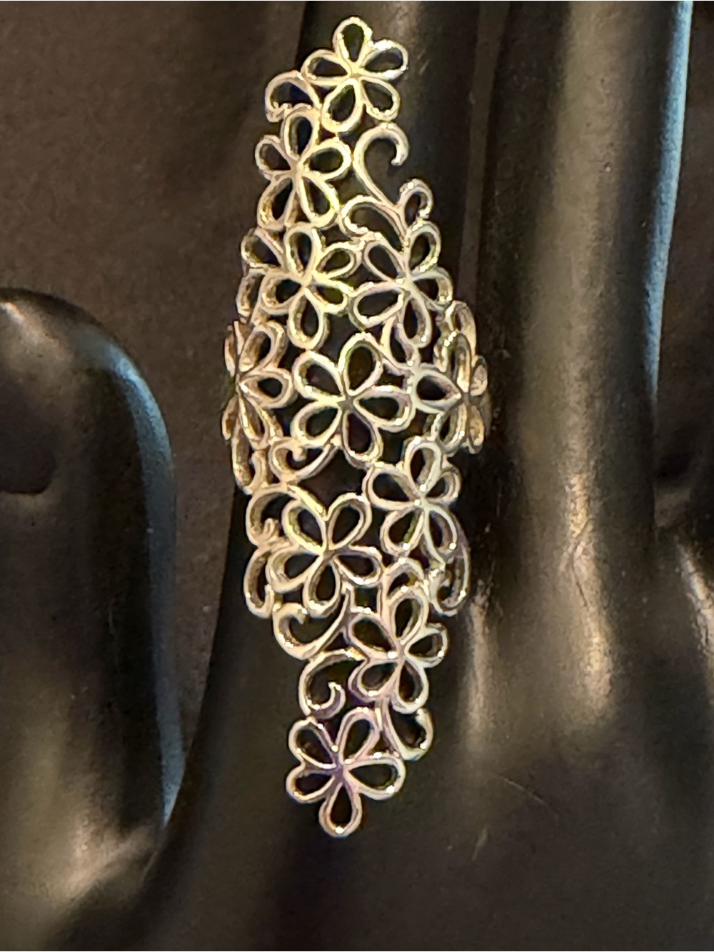 925 Sterling Silver Delicate Floral Filigree Elongated Statement Ring-JCM Sz. 6